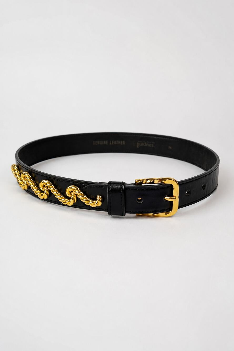 Vintage Burdines Black Leather Belt Gold Rope Twist Buckle Italy Womens Medium